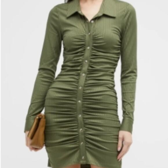 Veronica Beard Davila Ruched Button-Front Mini Dress Stone Army - Picture 6 of 6